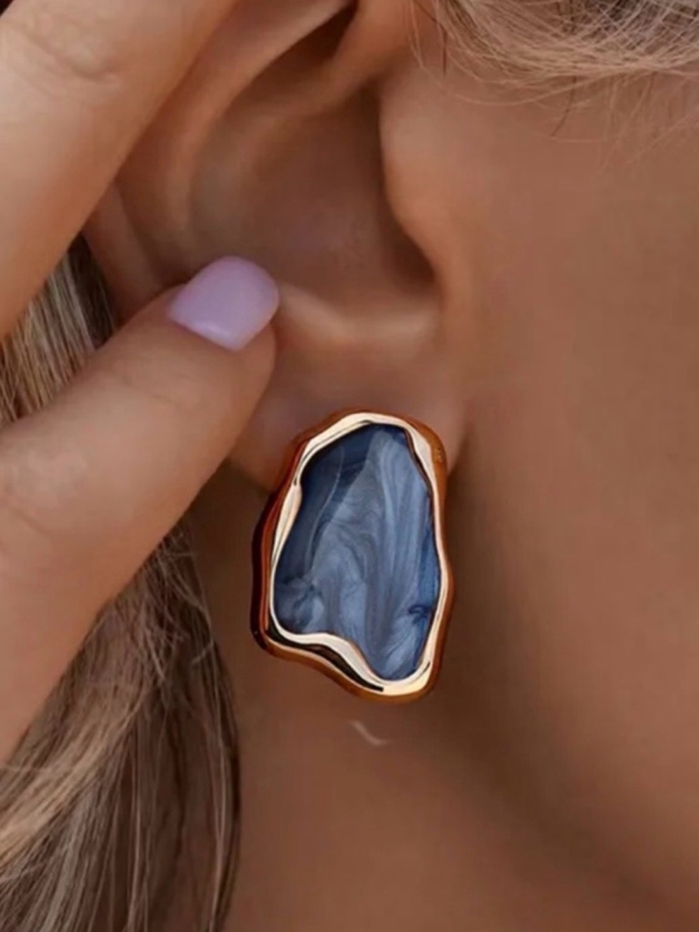 Blue Marble Stud Earrings – 18K Gold  Plated